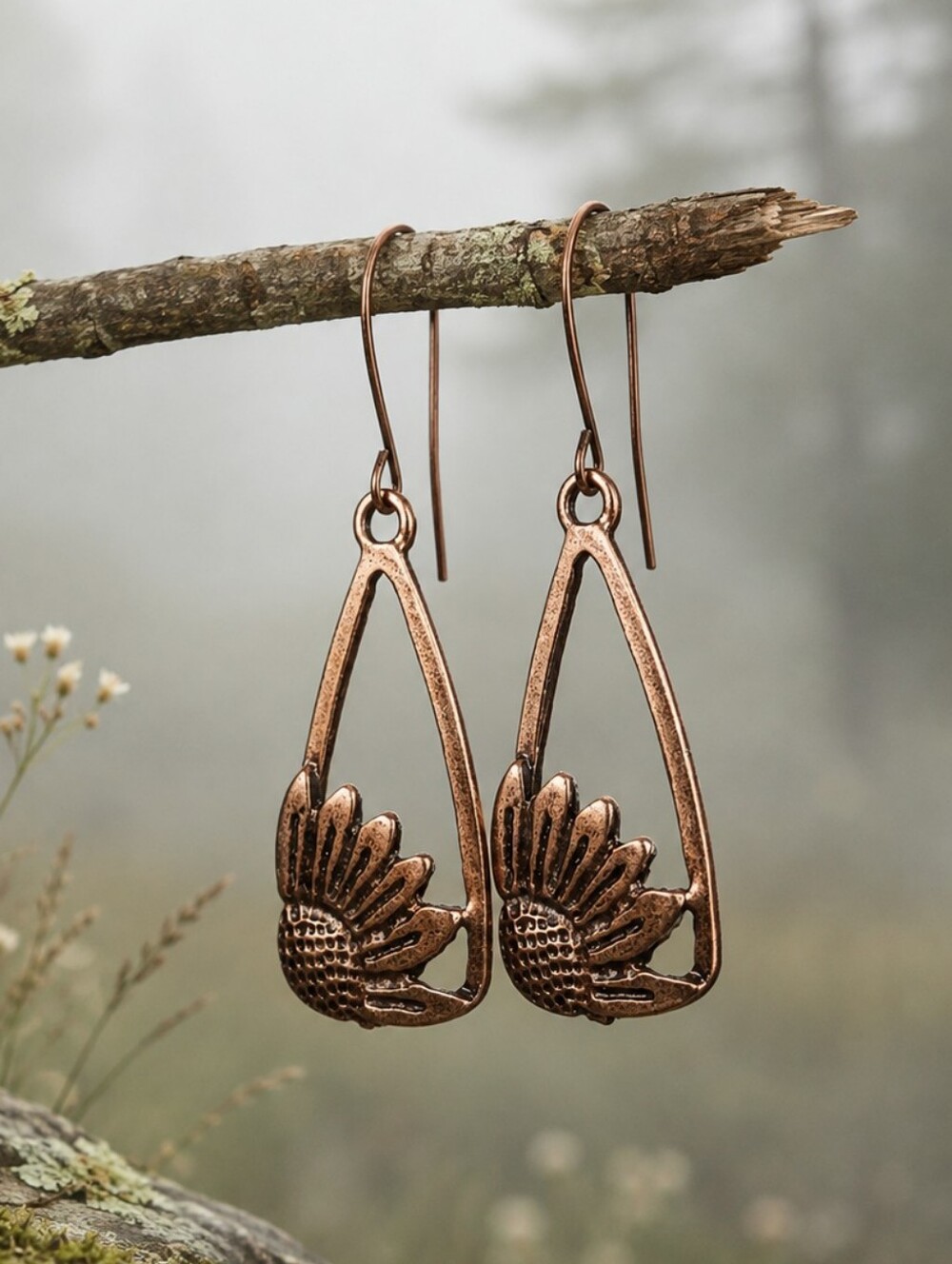 Copper Sunflower Earrings Rustic Botanical Nature Jewelry Hand Crafted